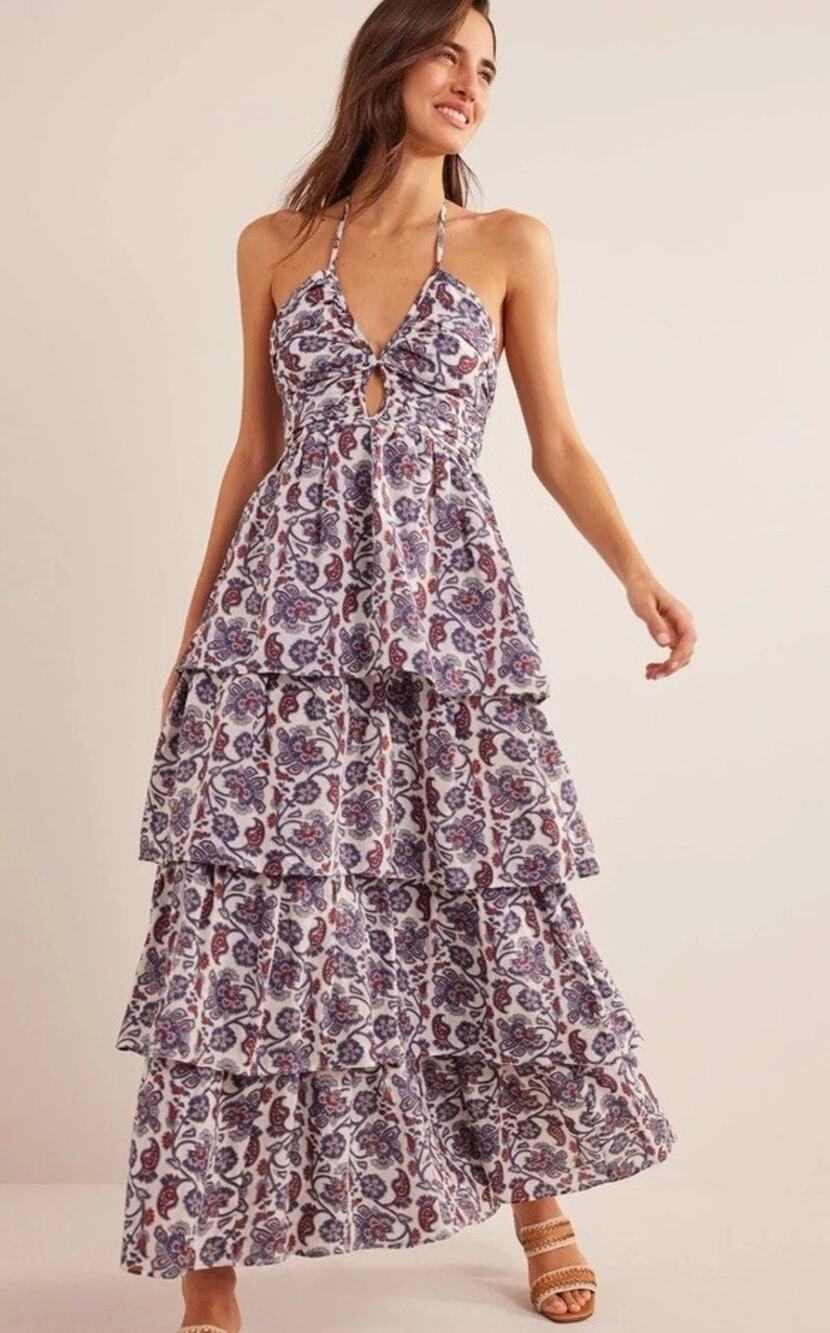 BODEN Ruched Tiered Maxi Dress Nightshadow Blue halter floral 14R NWT